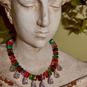 RR necklace with multi color beads & clear quartz drops